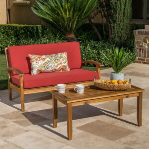 Aletta Outdoor Acacia Wood Loveseat and Coffee Table Set with Cushions, Teak, Red