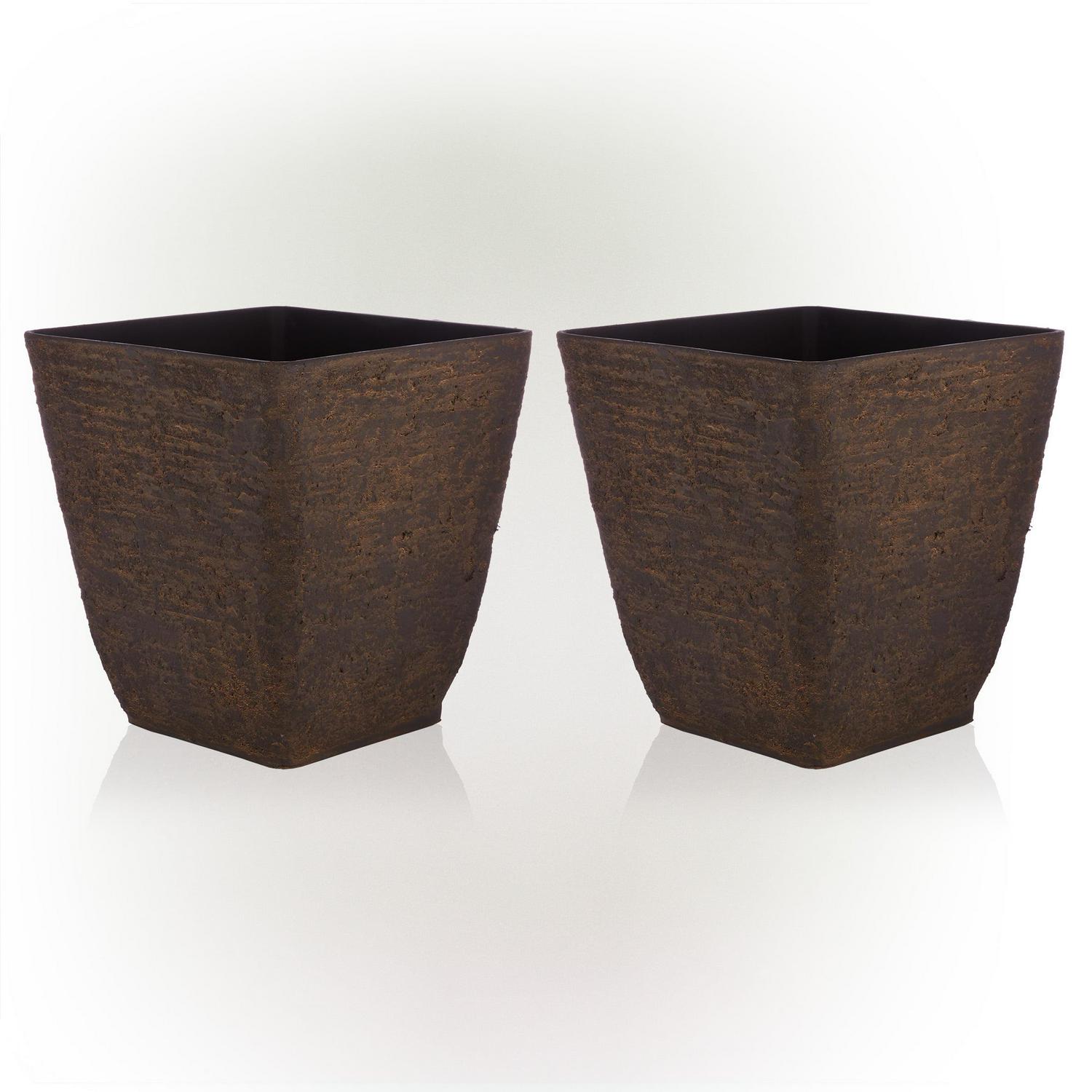Alpine Corporation 16" x 17" Stone-Look Planters, Brown, Set of 2 - Image 2