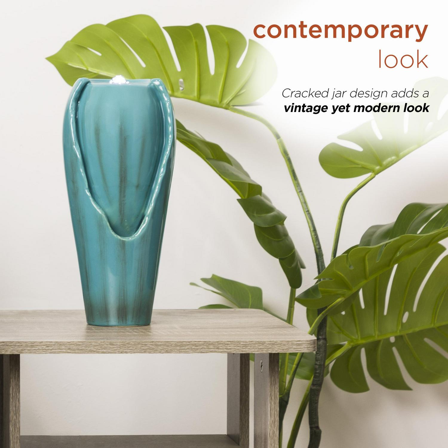 Alpine Corporation 12" Tall Indoor Ceramic Jar Tabletop Fountain with LED Lights, Turquoise - Image 5