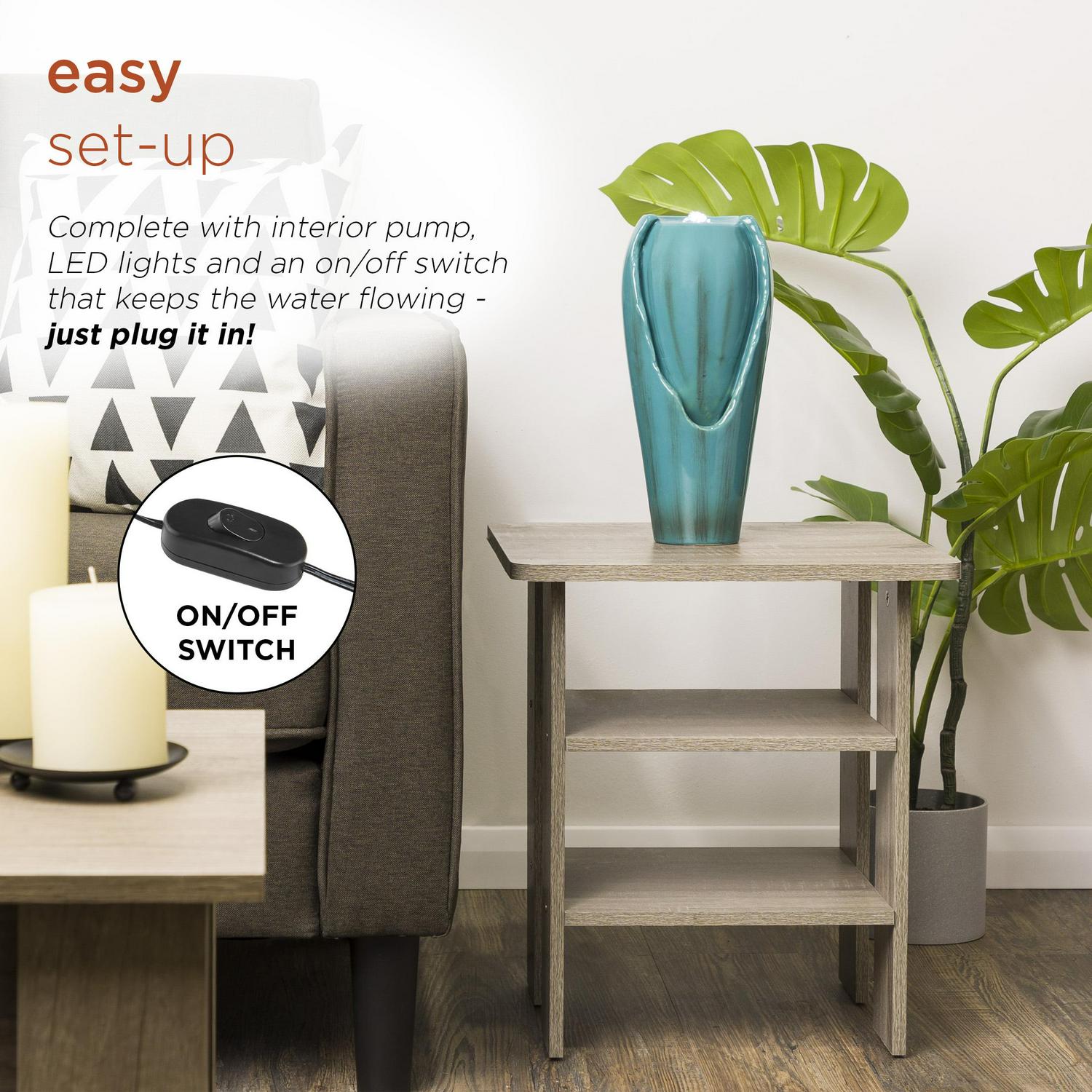 Alpine Corporation 12" Tall Indoor Ceramic Jar Tabletop Fountain with LED Lights, Turquoise - Image 4