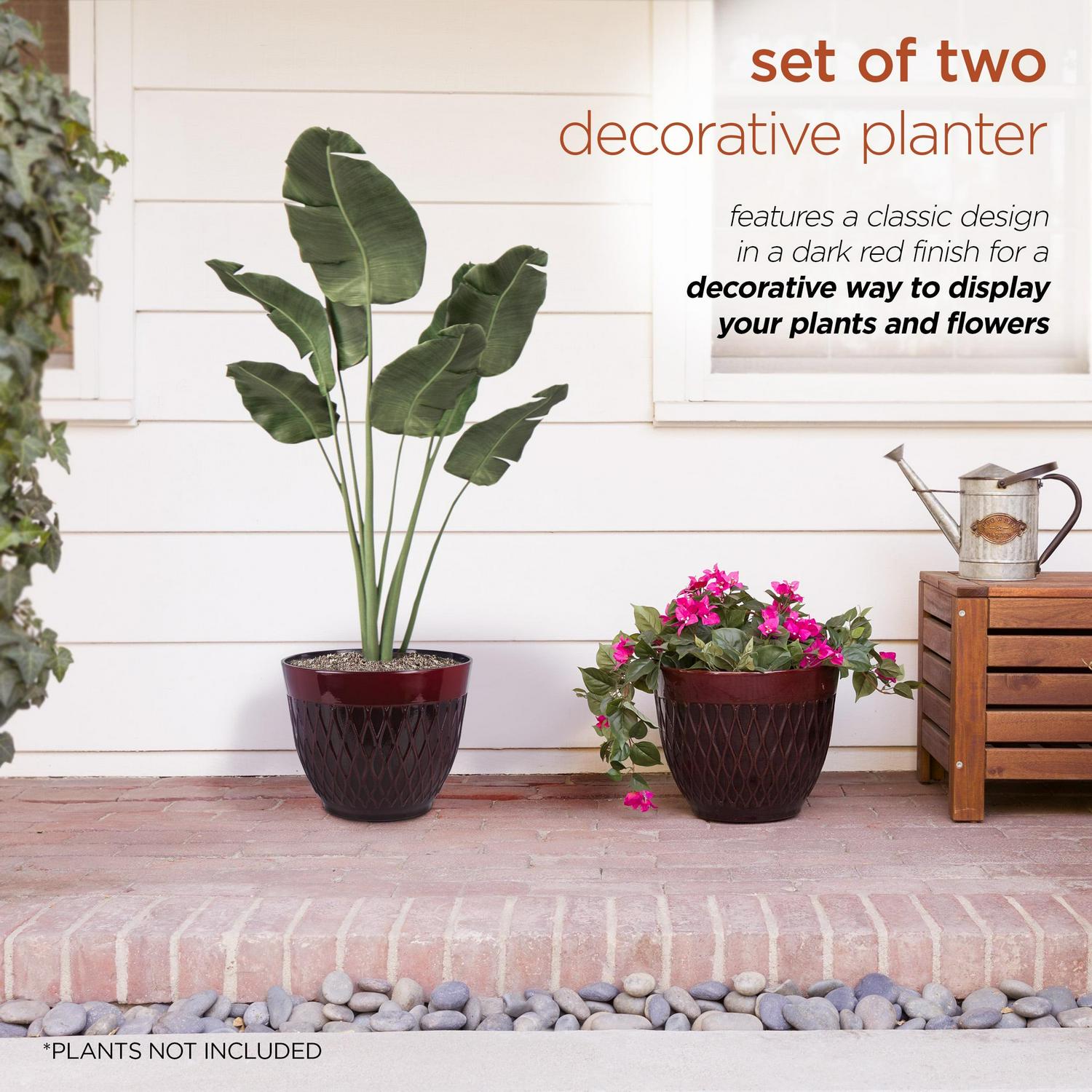 Alpine Corporation 15" x 12" Stone-Look Planters with Drainage Holes, Red, Set of 2 - Image 4