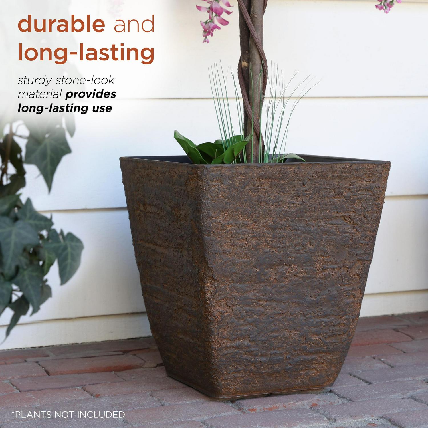 Alpine Corporation 16" x 17" Stone-Look Planters, Brown, Set of 2 - Image 7