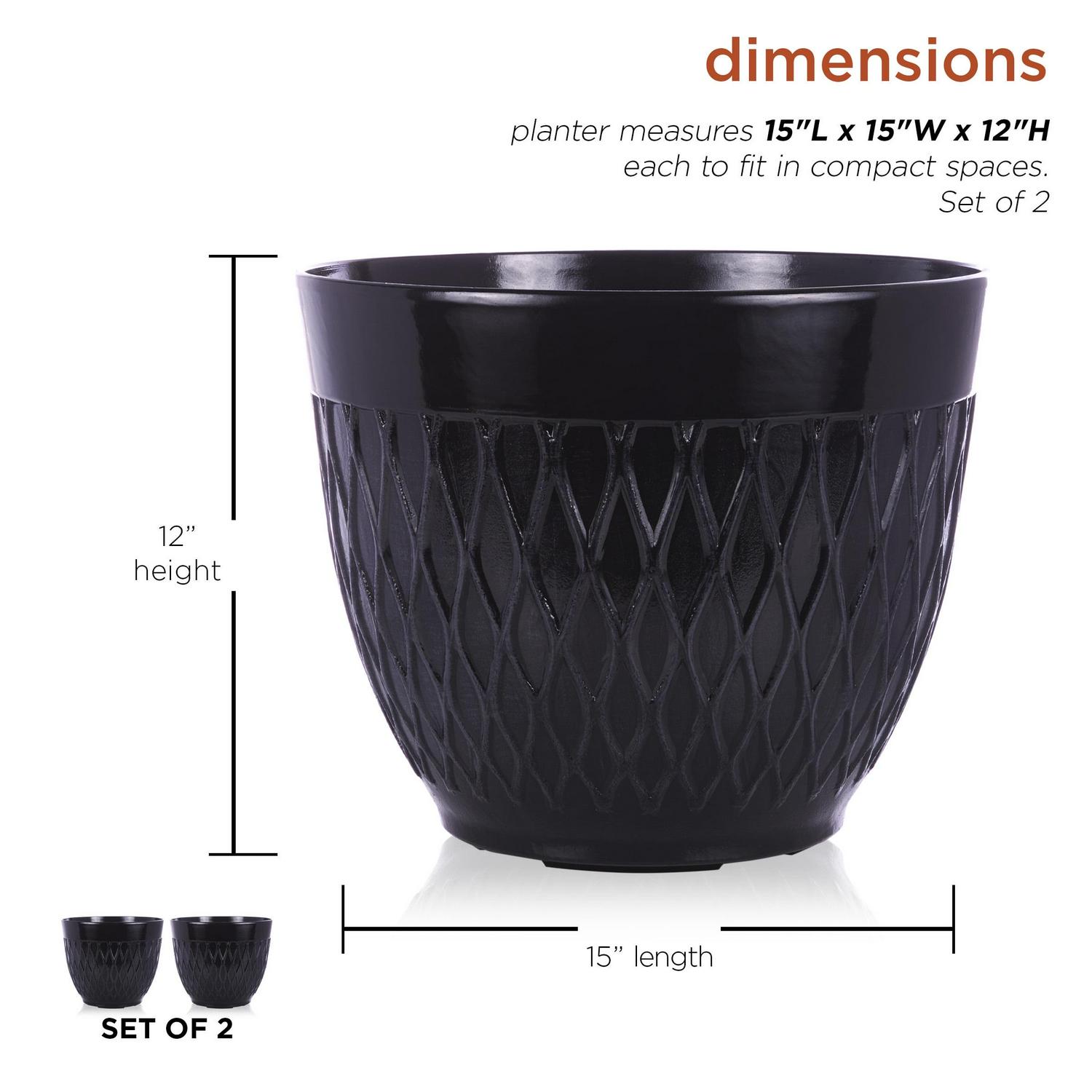 Alpine Corporation 15" x 12" Stone-Look Planters with Drainage Holes, Black, Set of 2 - Image 3