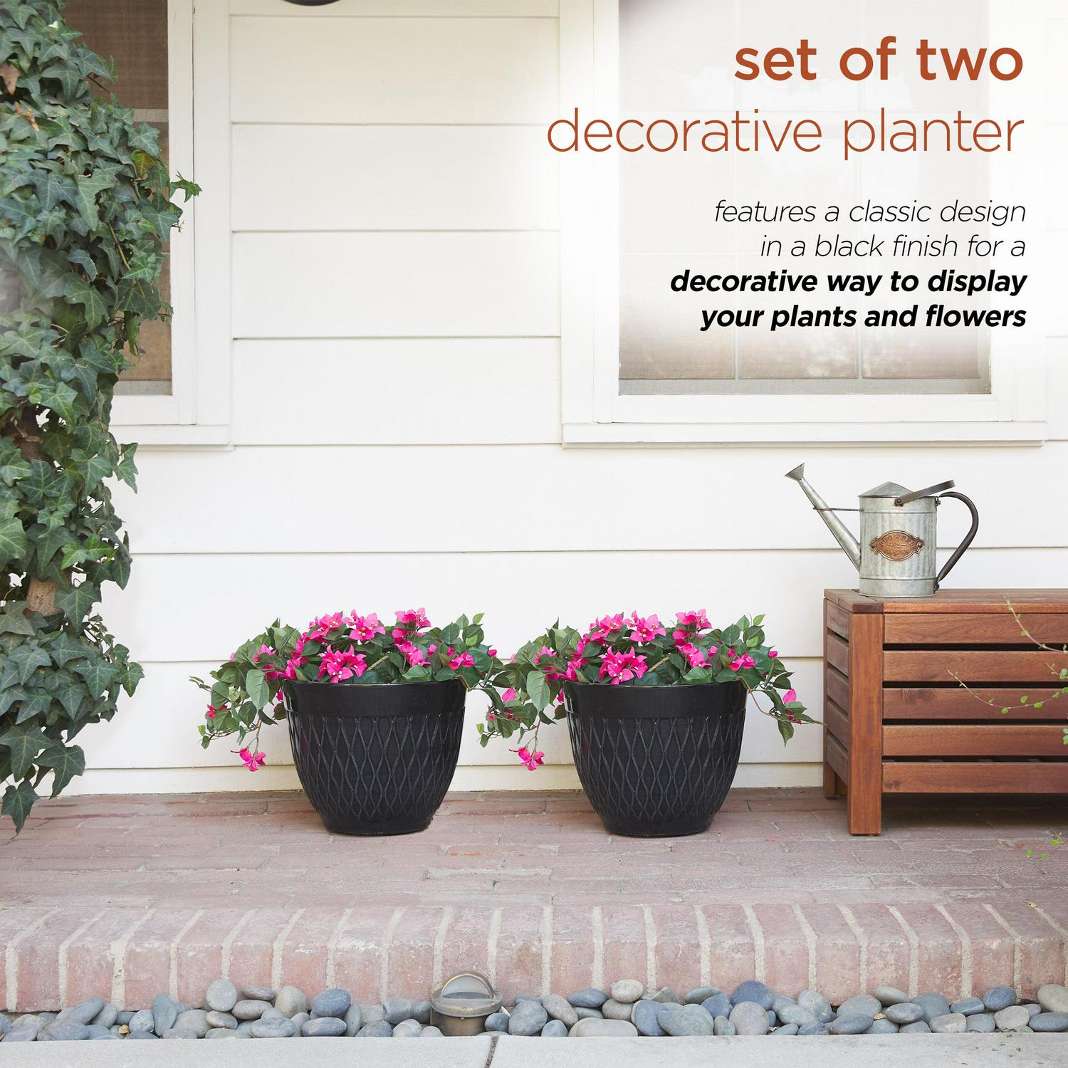 Alpine Corporation 15" x 12" Stone-Look Planters with Drainage Holes, Black, Set of 2 - Image 4