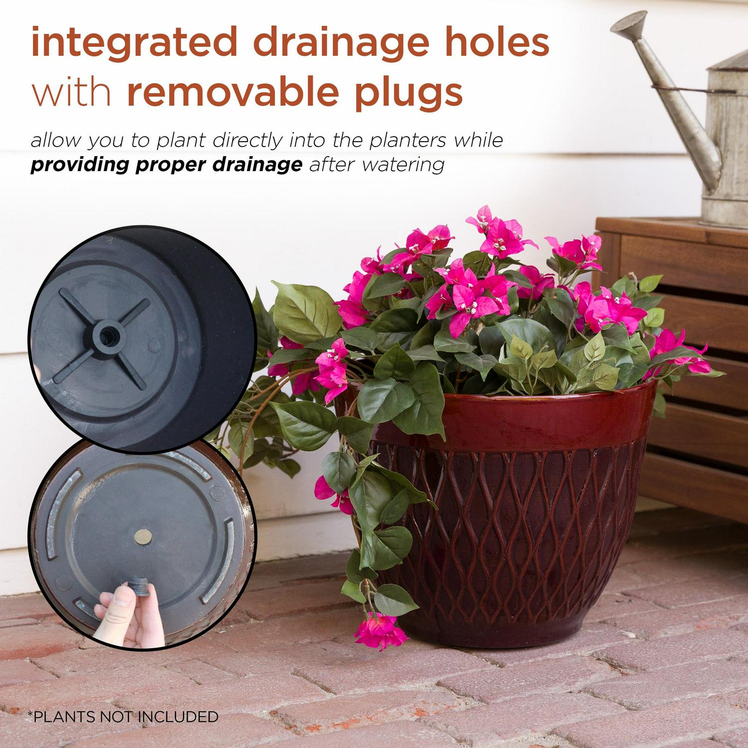 Alpine Corporation 15" x 12" Stone-Look Planters with Drainage Holes, Red, Set of 2 - Image 6
