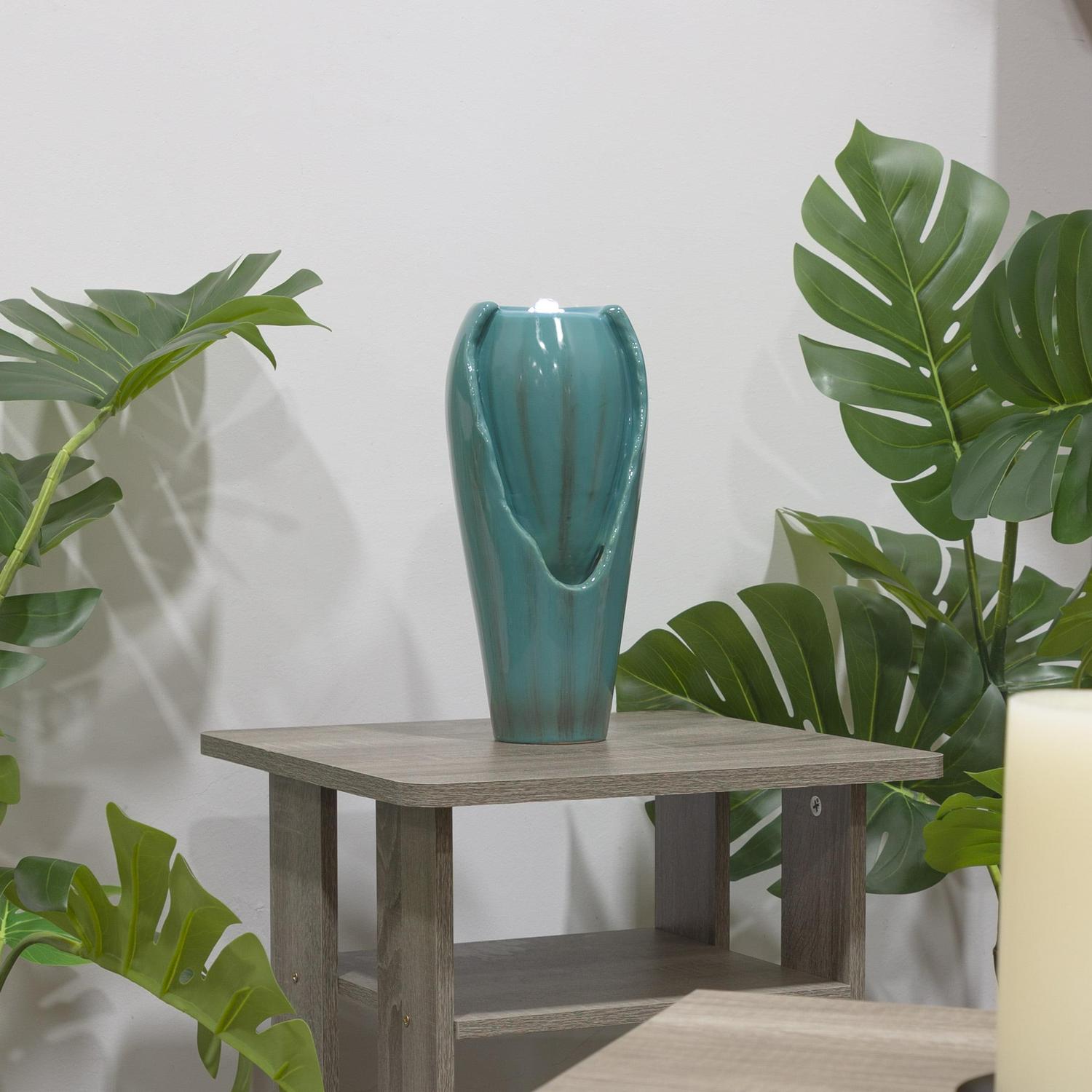 Alpine Corporation 12" Tall Indoor Ceramic Jar Tabletop Fountain with LED Lights, Turquoise