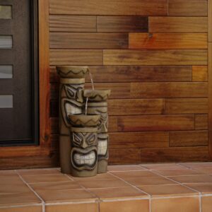 Alpine Corporation GIL838 Outdoor Floor 3-Tiered Soothing Polynesian Tiki Head Bowl Waterfall Fountain, 29", Brown