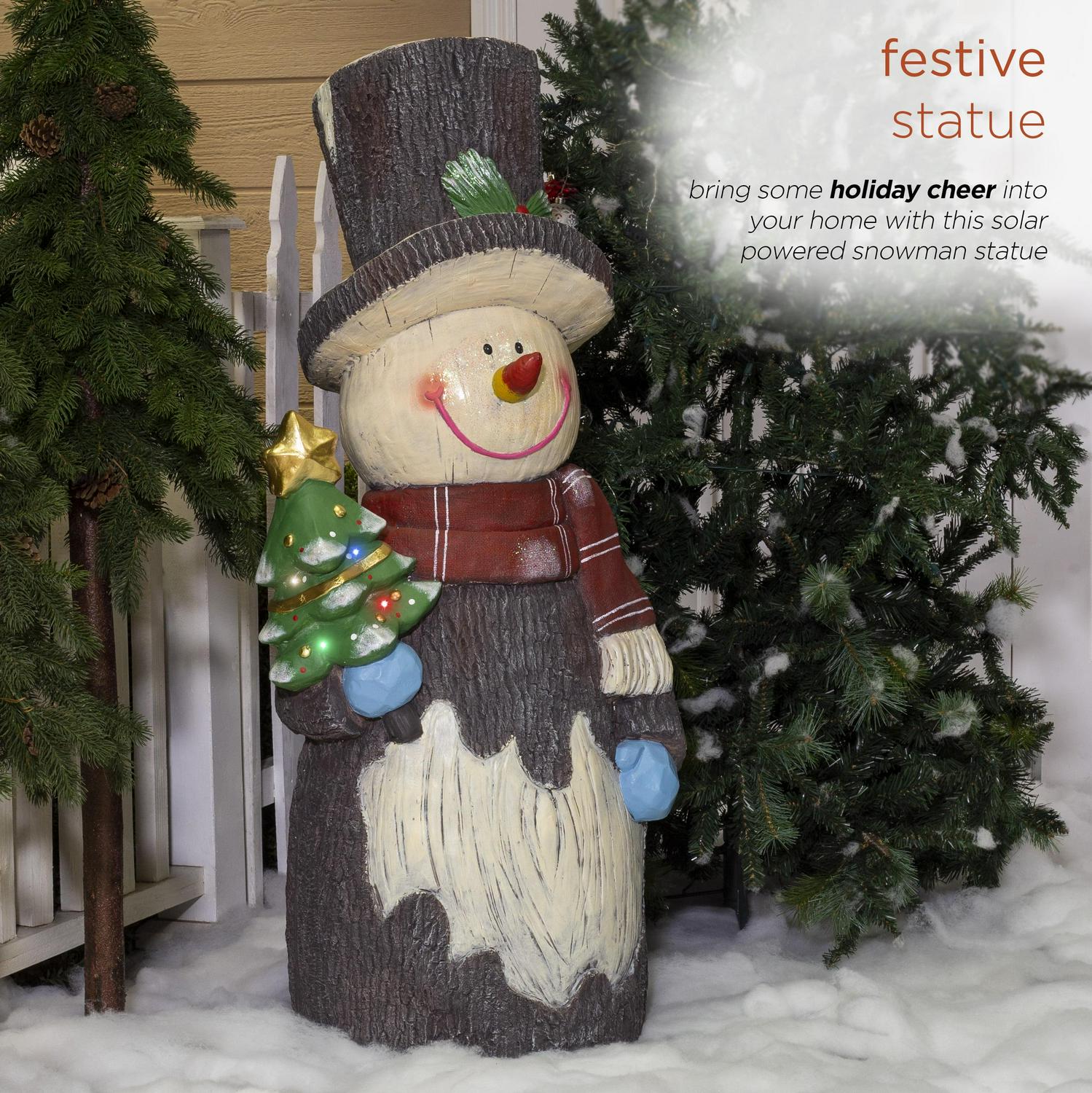 Alpine Corporation 21" x 16" x 48" Polyresin Snowman Light-Up Holiday Statue, Brown - Image 4