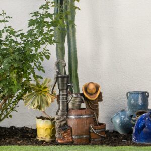 Alpine Corporation 26" Tall Outdoor Vintage Pump and Barrel with Cowboy Hat Fountain Yard Art Decor