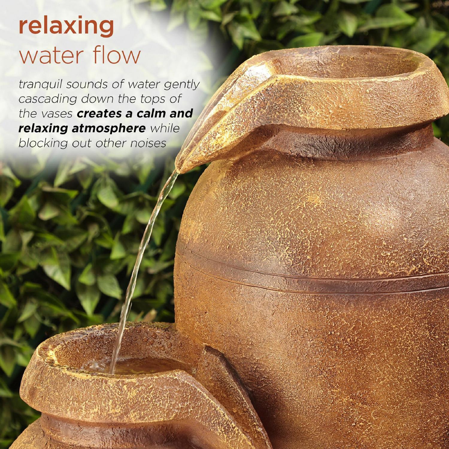 Alpine Corporation 20" x 19" x 43" Cascading Vase Fountain with LED Lights, Brown - Image 6