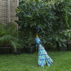 Alpine Corporation 26" x 17" x 37" Metal Peacock Garden Statue, Multicolor