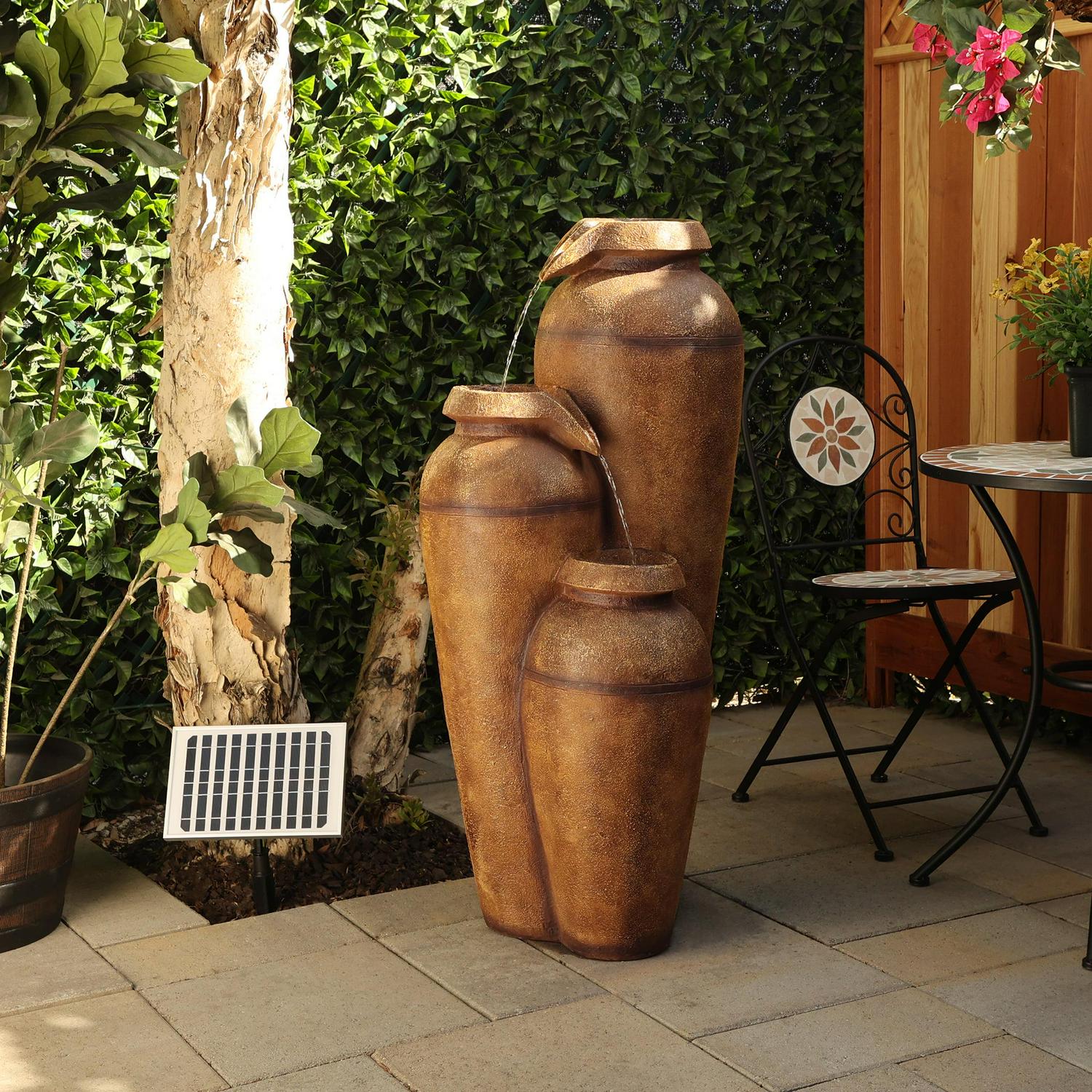 Alpine Corporation 20" x 19" x 43" Cascading Vase Fountain with LED Lights, Brown