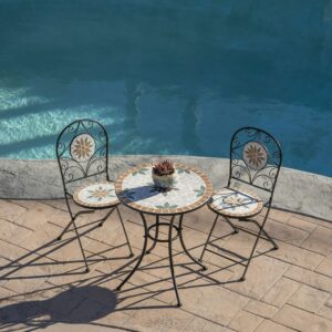 Alpine Corporation Indoor/Outdoor 3-Piece Mosaic Bistro Set Folding Table and Chairs Patio Seating, Tan