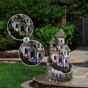 Alpine Corporation 35" Tall Outdoor Corded Electric Castle Fountain with Color Changing LED Lights