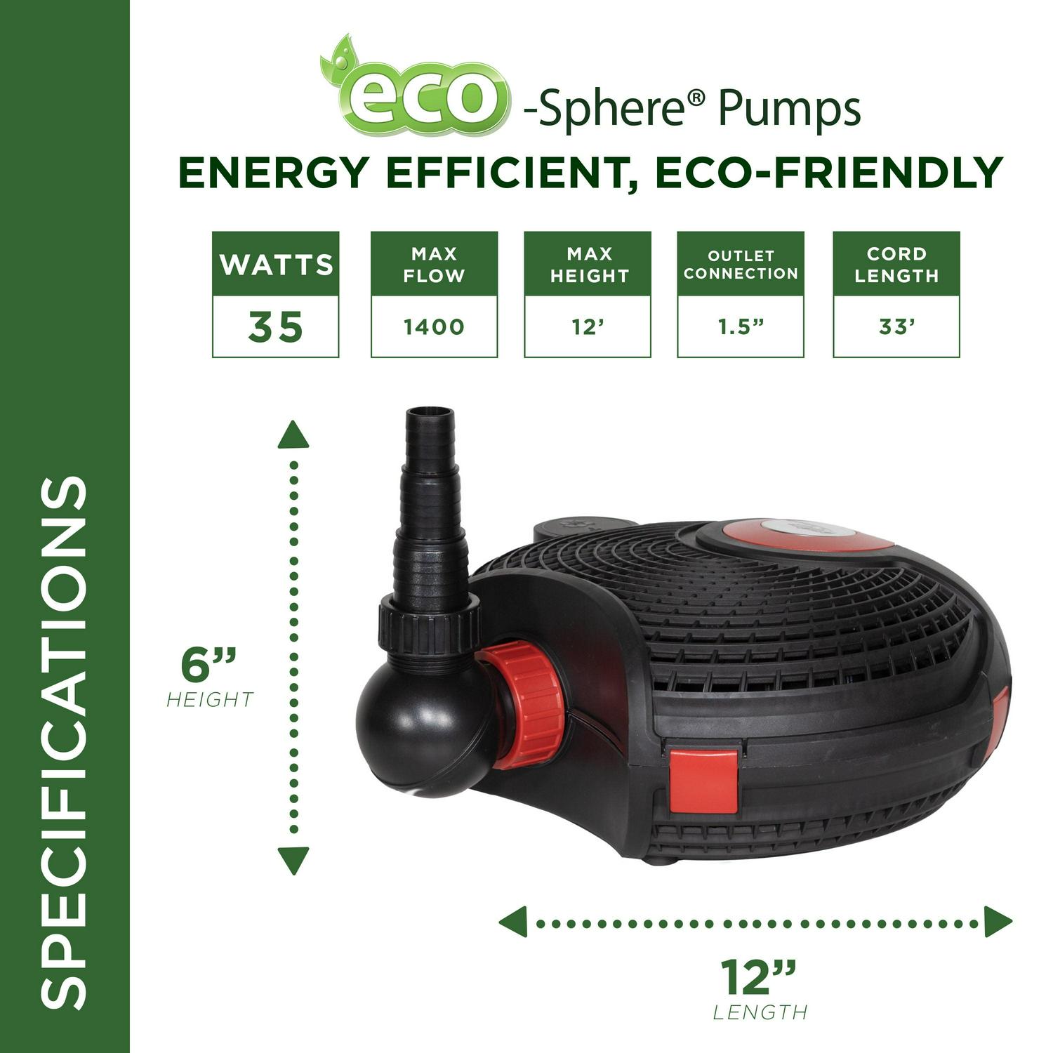 Alpine Corporation Eco-Sphere Energy-Saving Pump 1400GPH with 33 Ft. Cord - Image 2