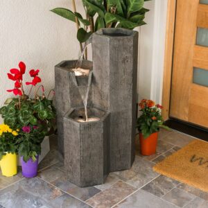 Alpine Corporation 25” Tall Modern 3-Tier Fountain for Indoor / Outdoor Yard Decor with LED Light