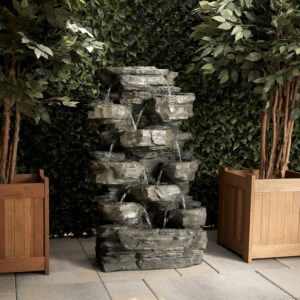 Alpine Corporation 39" Tall Outdoor Tiered Cascading Rock Electric Fountain with LED Lights