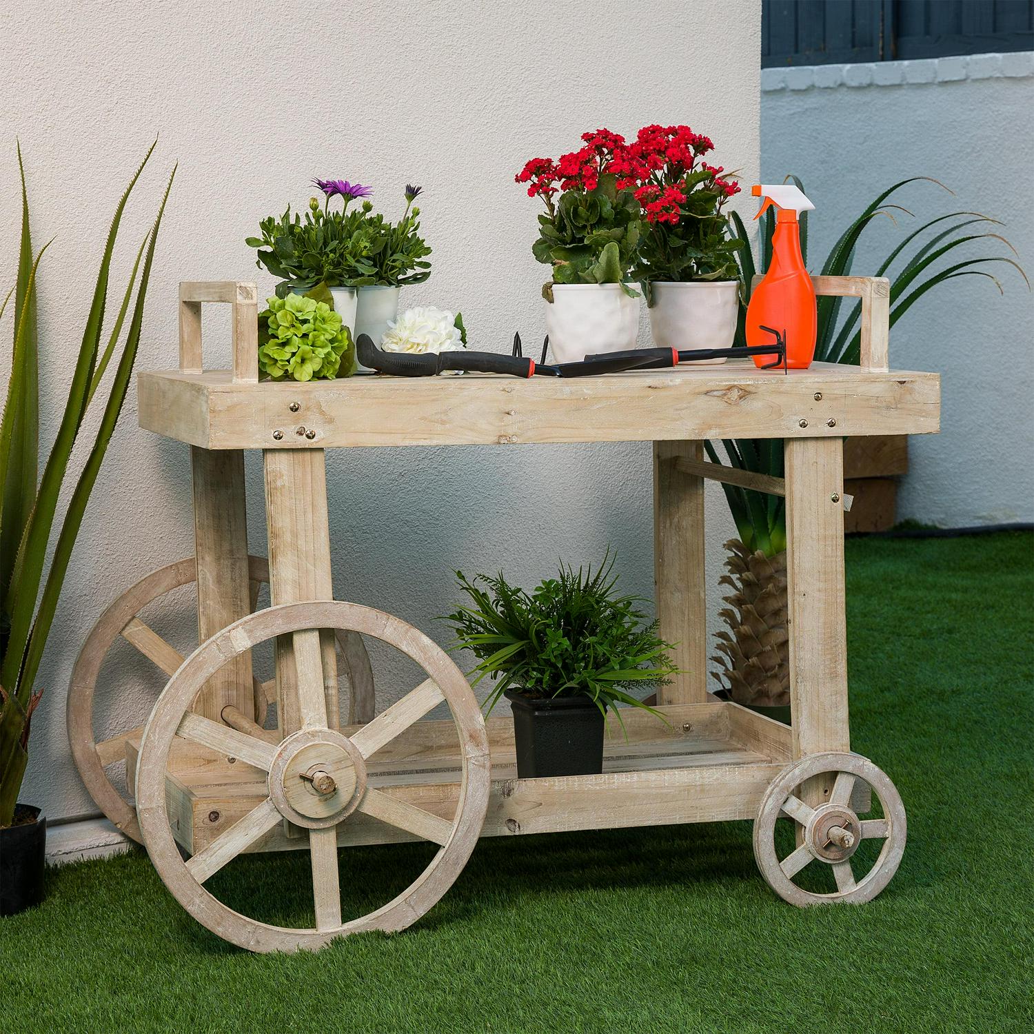 Alpine Corporation Wooden Garden Cart Display with Wheels