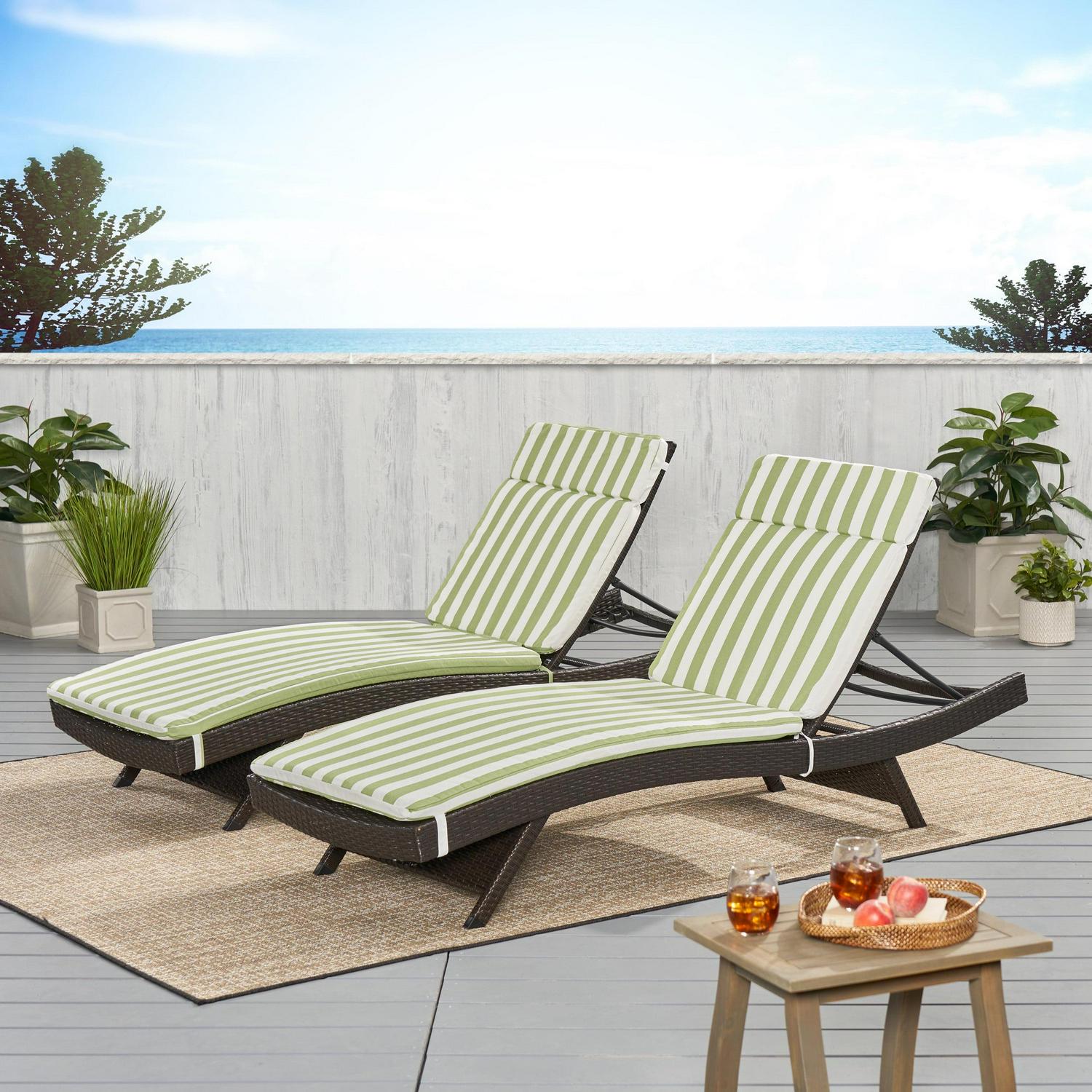 Anthony Outdoor Water Resistant Chaise Lounge Cushions, Set of 2, Green and White Strip - Image 2