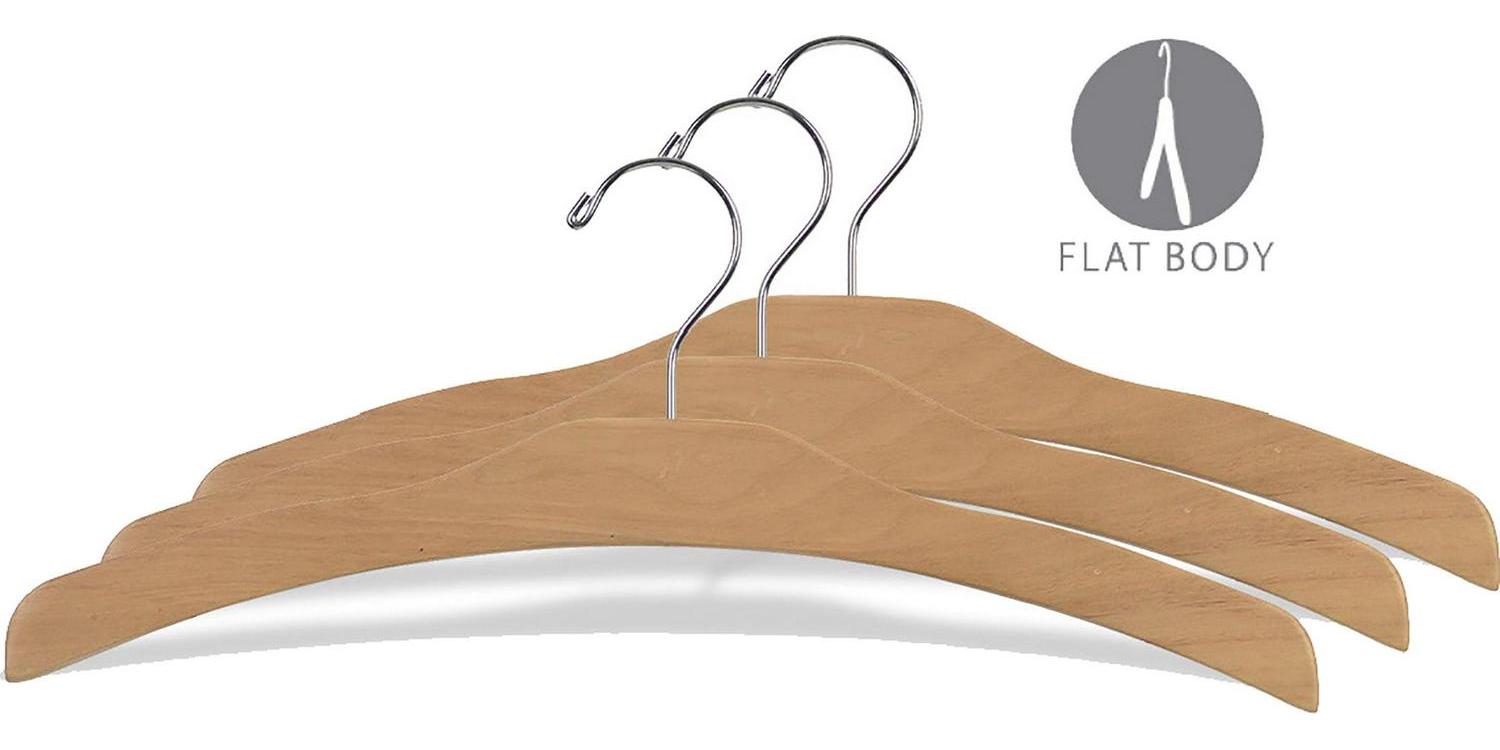 Arched Wood Top Hanger, Box of 25 Space Saving 17 Inch Flat Wooden Hangers w/ Natural Finish & Chrome Swivel Hook & Notches for Shirt Jacket or Dress by International Hanger