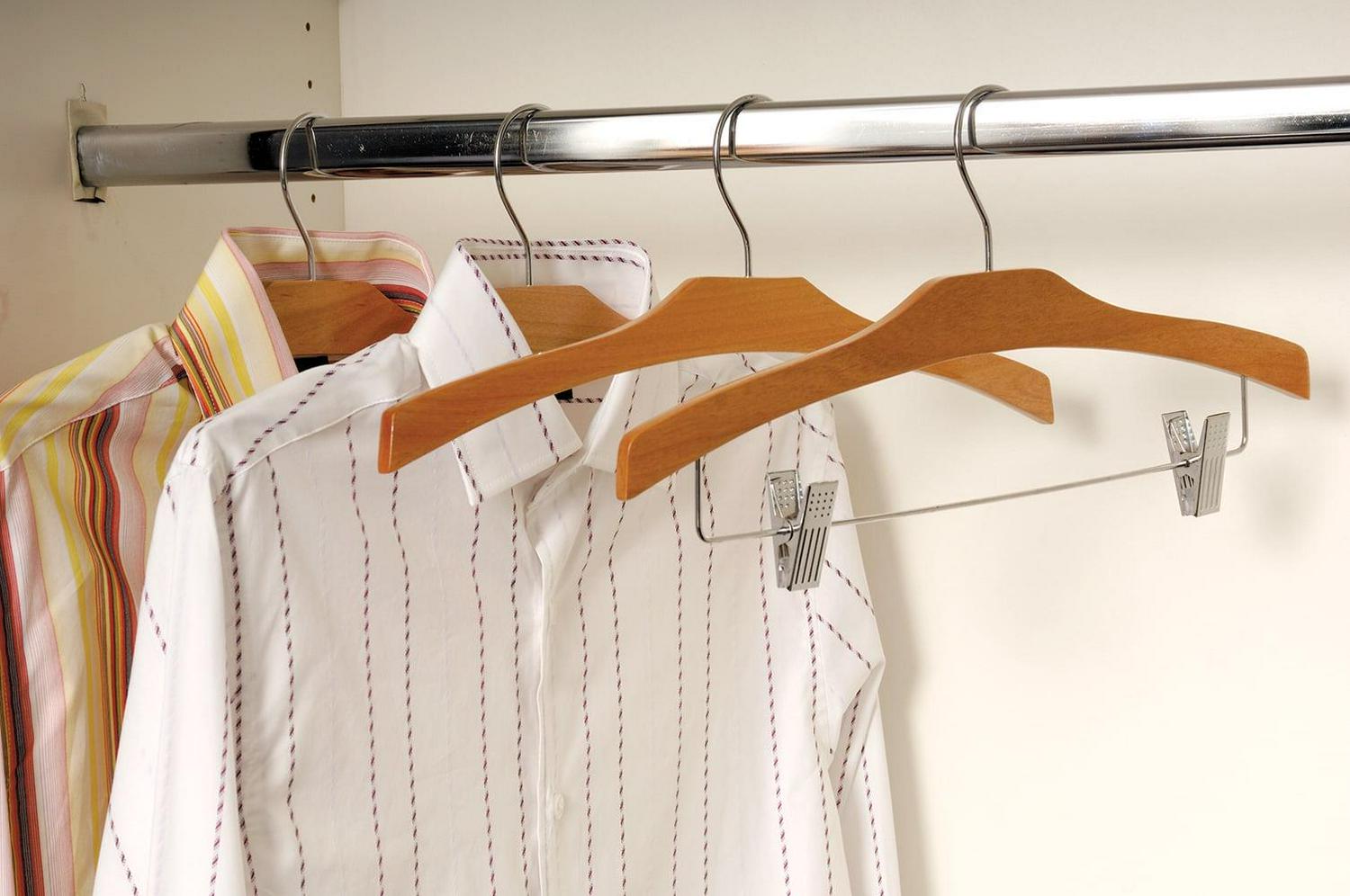 Arched Wood Top Hanger, Box of 25 Space Saving 17 Inch Flat Wooden Hangers w/ Natural Finish & Chrome Swivel Hook & Notches for Shirt Jacket or Dress by International Hanger - Image 3