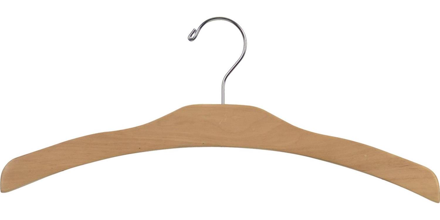 Arched Wood Top Hanger, Box of 25 Space Saving 17 Inch Flat Wooden Hangers w/ Natural Finish & Chrome Swivel Hook & Notches for Shirt Jacket or Dress by International Hanger - Image 4