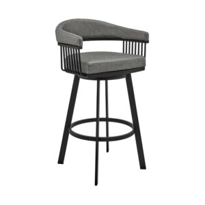 Armen Living Indoor Bronson 29" Bar Height Swivel Bar Stool in Black Finish and Gray Faux Leather