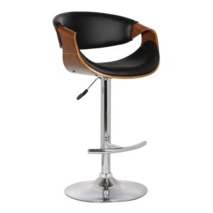 Armen Living Indoor Butterfly Adjustable Height Swivel Black Faux Leather and Walnut Wood Bar Stool with Chrome Base