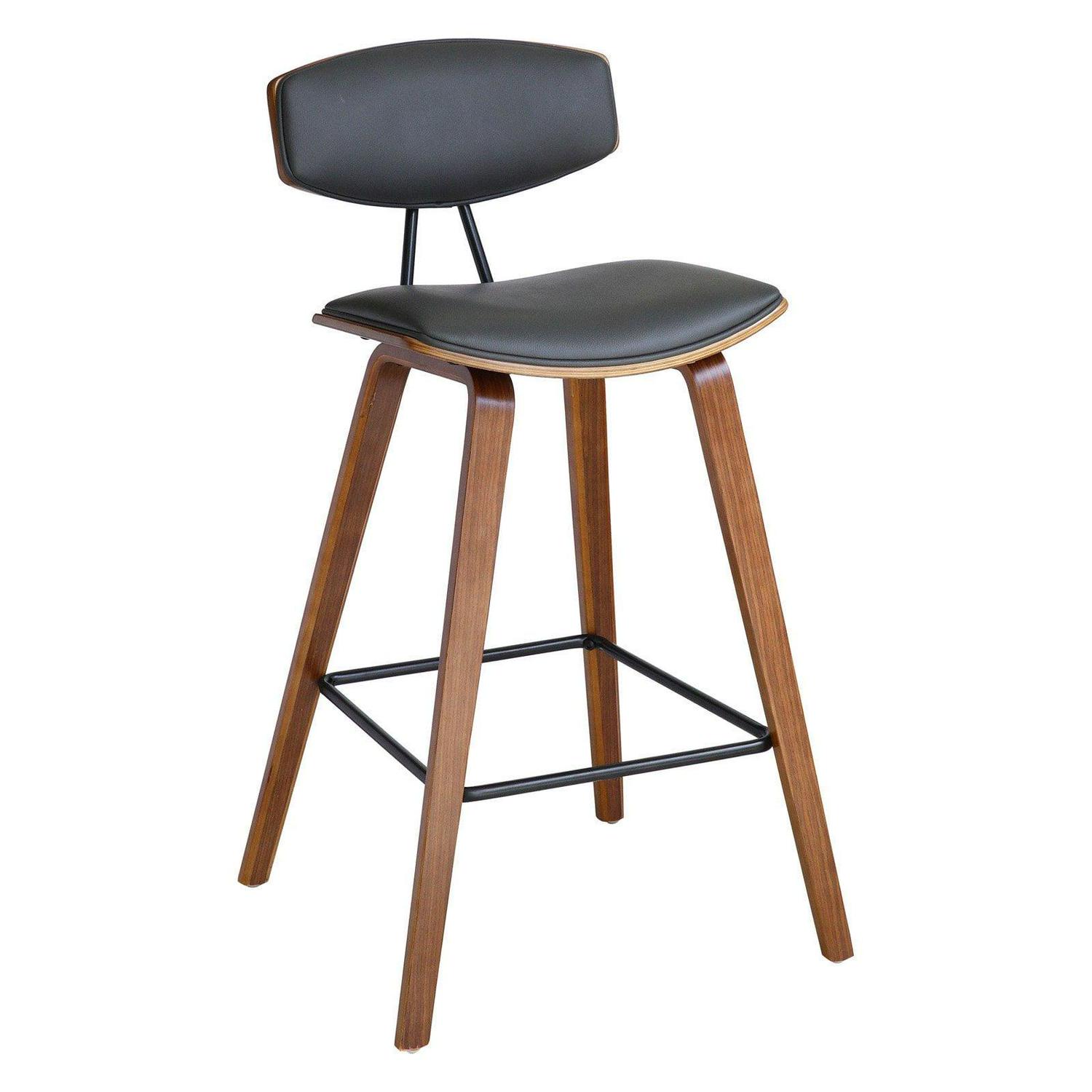 Armen Living Fox 28.5" Seat Height Gray Faux Leather and Walnut Wood Mid-Century Modern Bar Stool
