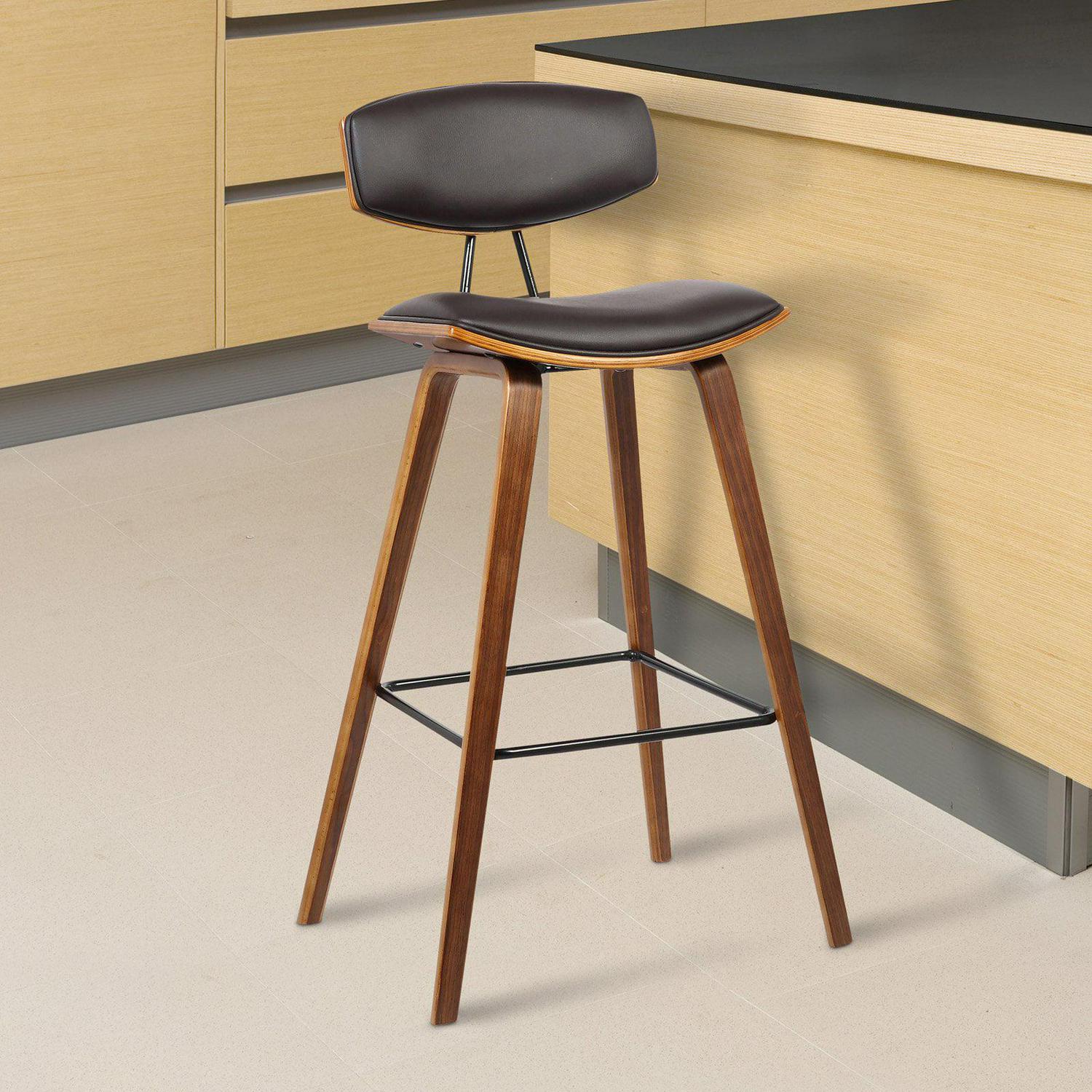 Armen Living Fox 28.5" Seat Height Gray Faux Leather and Walnut Wood Mid-Century Modern Bar Stool - Image 2