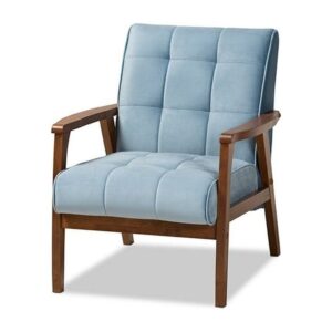Asta Mid-Century Modern Light Blue Velvet Fabric Upholstered Walnut Finished Wood Armchair