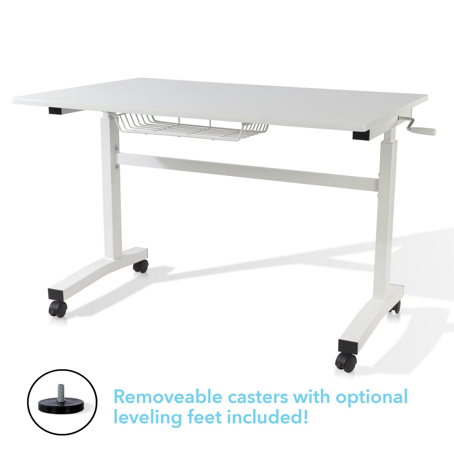 Atlantic Sit Stand Height Adjustable Desk with Side Crank and Casters in White