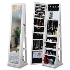 Aukfa 360 degree Rotatable Jewelry Armoire with Full Length Mirrored for Girls Women - White