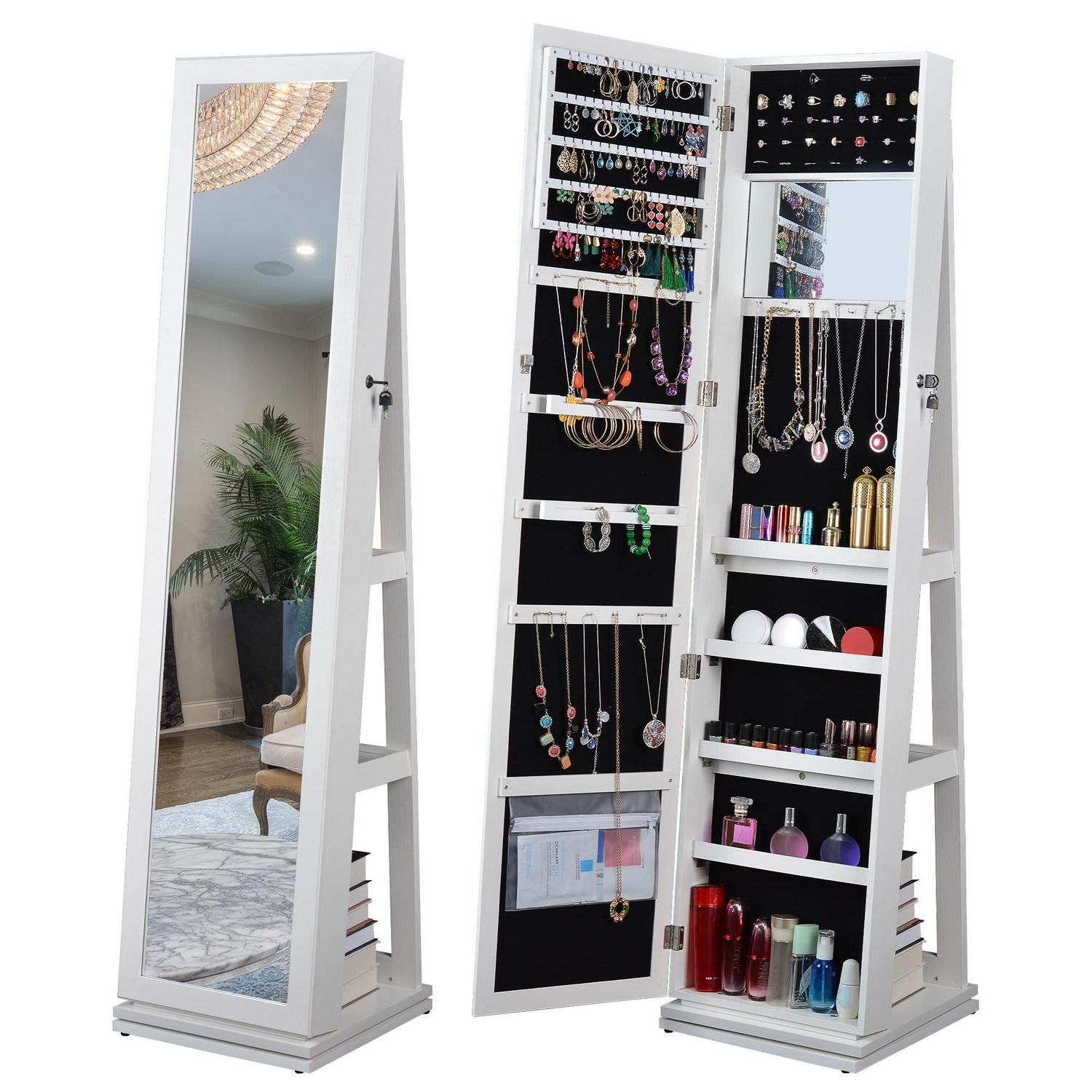 Aukfa 360 degree Rotatable Jewelry Armoire with Full Length Mirrored for Girls Women - White