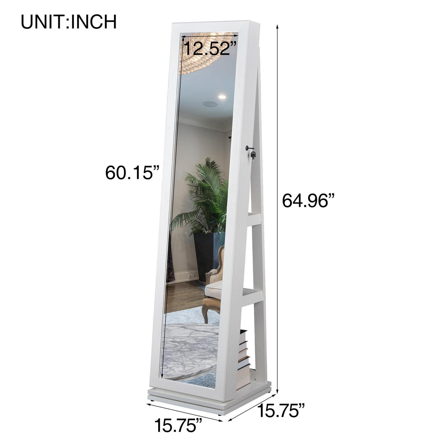 Aukfa 360 degree Rotatable Jewelry Armoire with Full Length Mirrored for Girls Women - White - Image 3