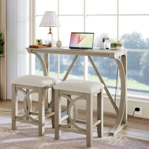 Aukfa 3-Piece Dining Set - Wood Kitchen Dining Table Set with USB Port and 2 Upholstered Stools for Small Places - Cream