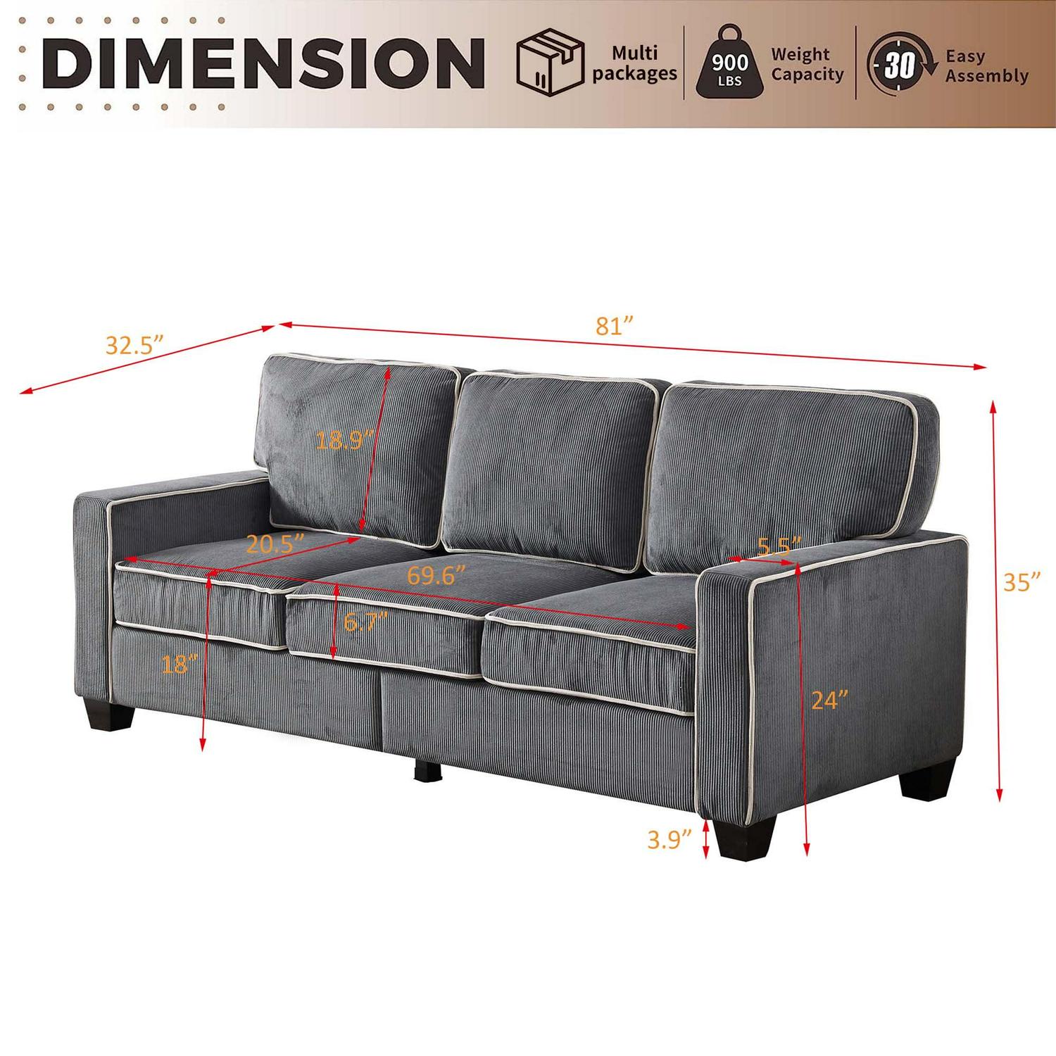 Aukfa 81" Corduroy Couch Under Seat Storage Sofa for Living Room, Dark Gray - Image 5
