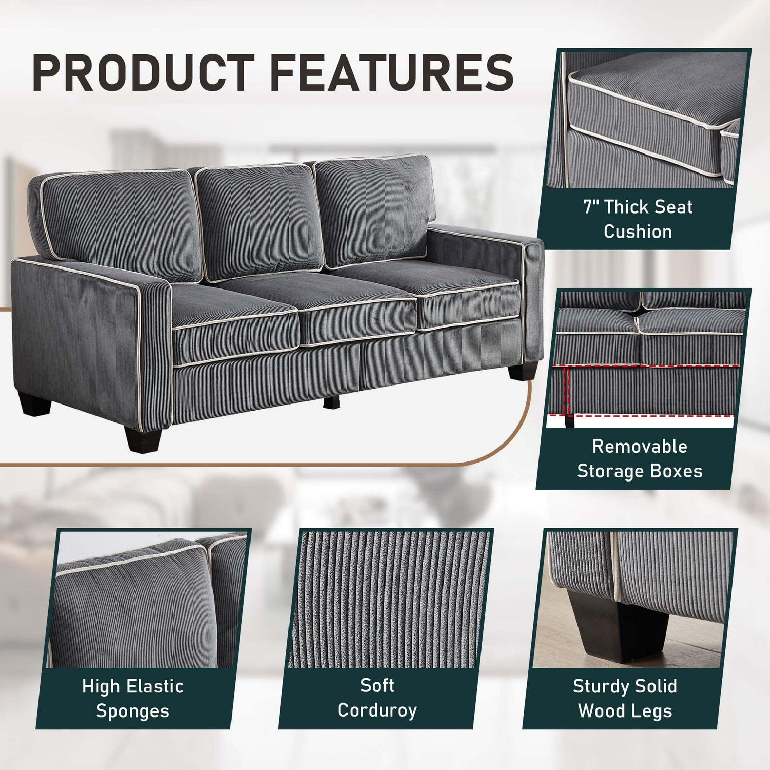 Aukfa 81" Corduroy Couch Under Seat Storage Sofa for Living Room, Dark Gray - Image 4