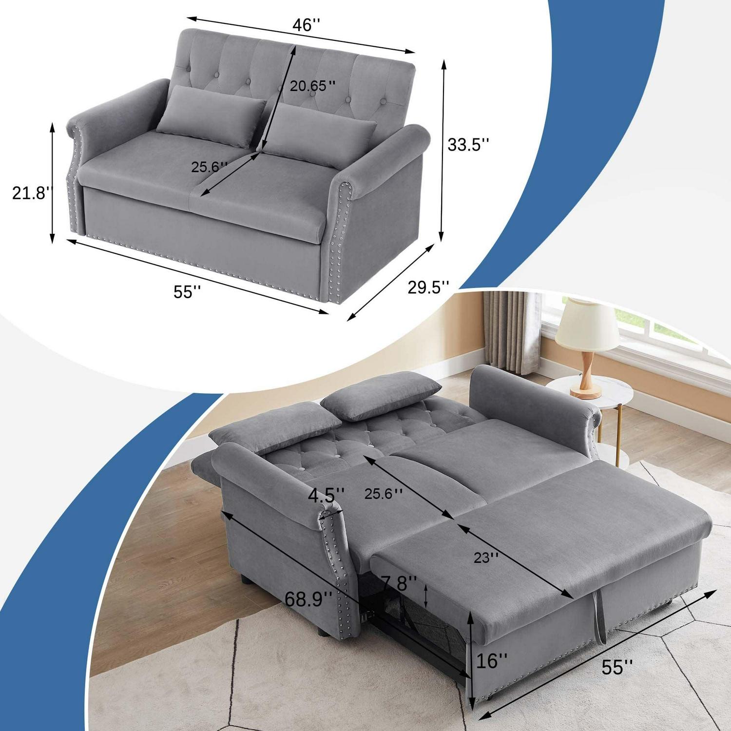 Aukfa 55" Convertible Sleeper Sofa Bed with Pull Out Couch, Velvet Tufted Button Backrest Loveseat - Gray - Image 5