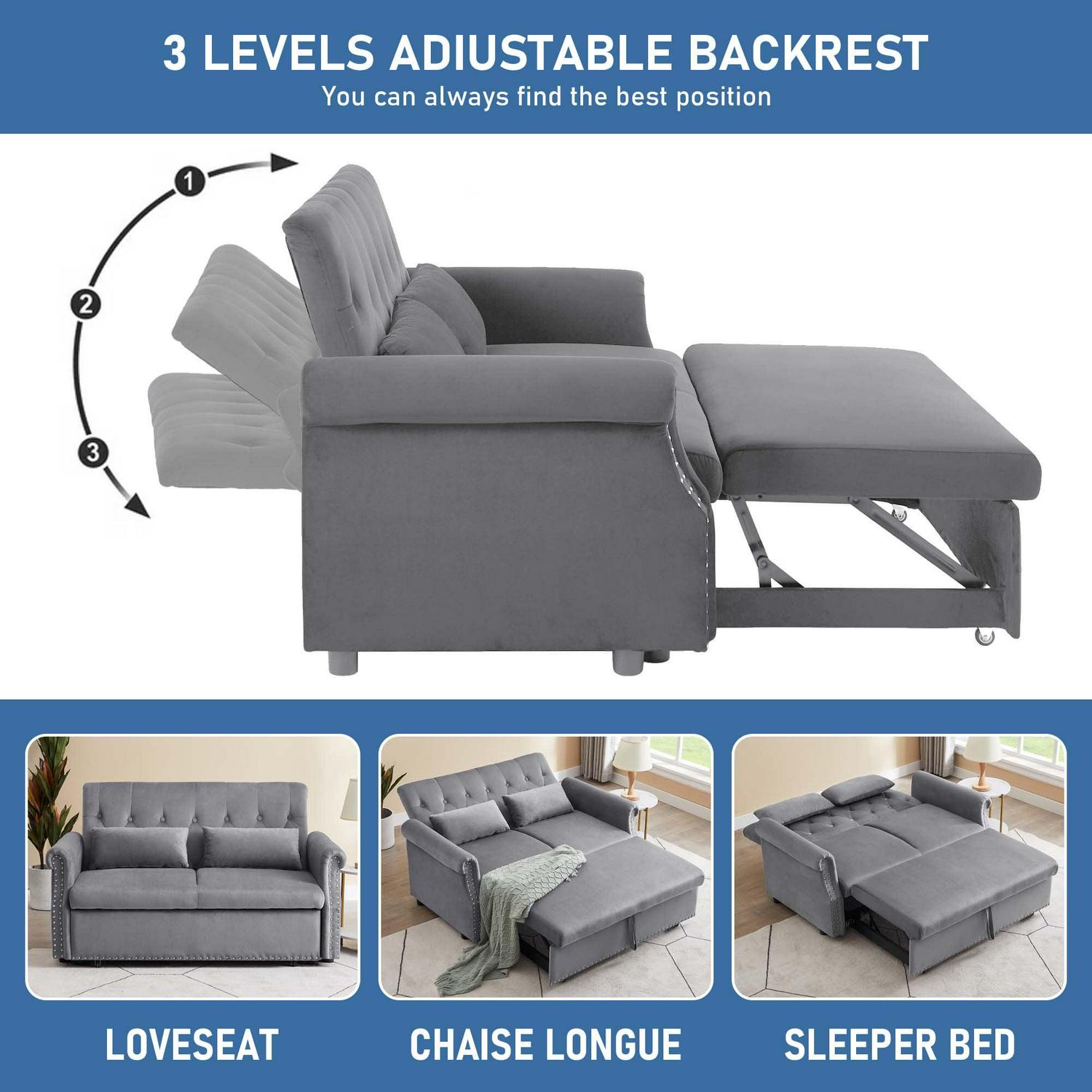 Aukfa 55" Convertible Sleeper Sofa Bed with Pull Out Couch, Velvet Tufted Button Backrest Loveseat - Gray - Image 3