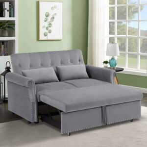 Aukfa 55" Convertible Sleeper Sofa Bed with Pull Out Couch, Velvet Tufted Button Backrest Loveseat - Gray