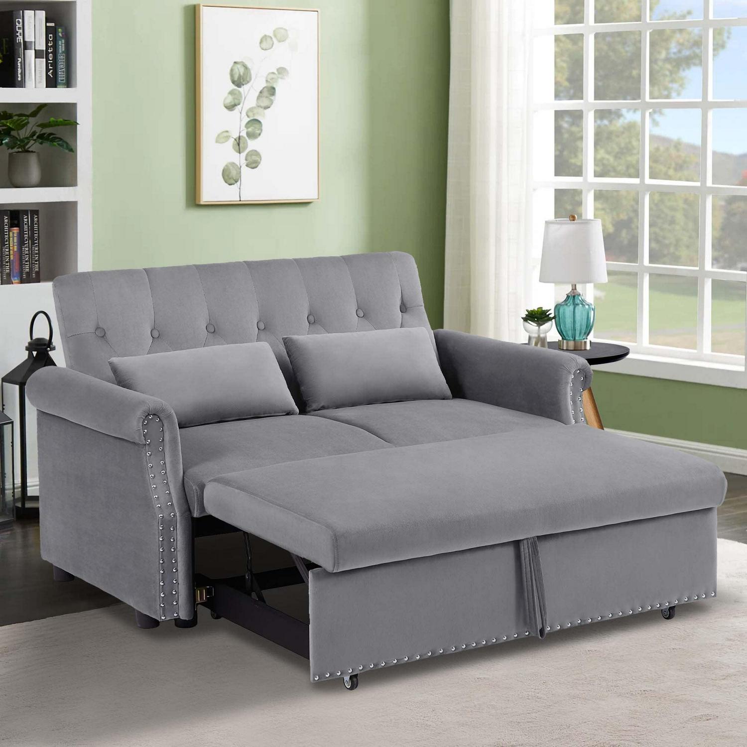Aukfa 55" Convertible Sleeper Sofa Bed with Pull Out Couch, Velvet Tufted Button Backrest Loveseat - Gray