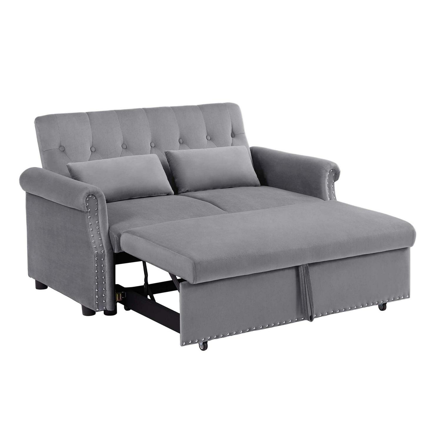Aukfa 55" Convertible Sleeper Sofa Bed with Pull Out Couch, Velvet Tufted Button Backrest Loveseat - Gray - Image 7