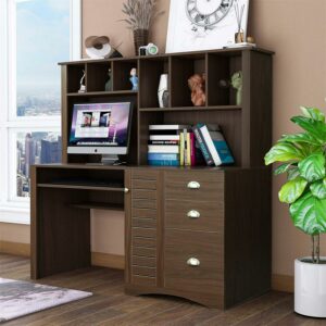 Aukfa 59" Computer Desk with Hutch for Home Office, 3 Drawers, Keyboard Tray, Walnut Color