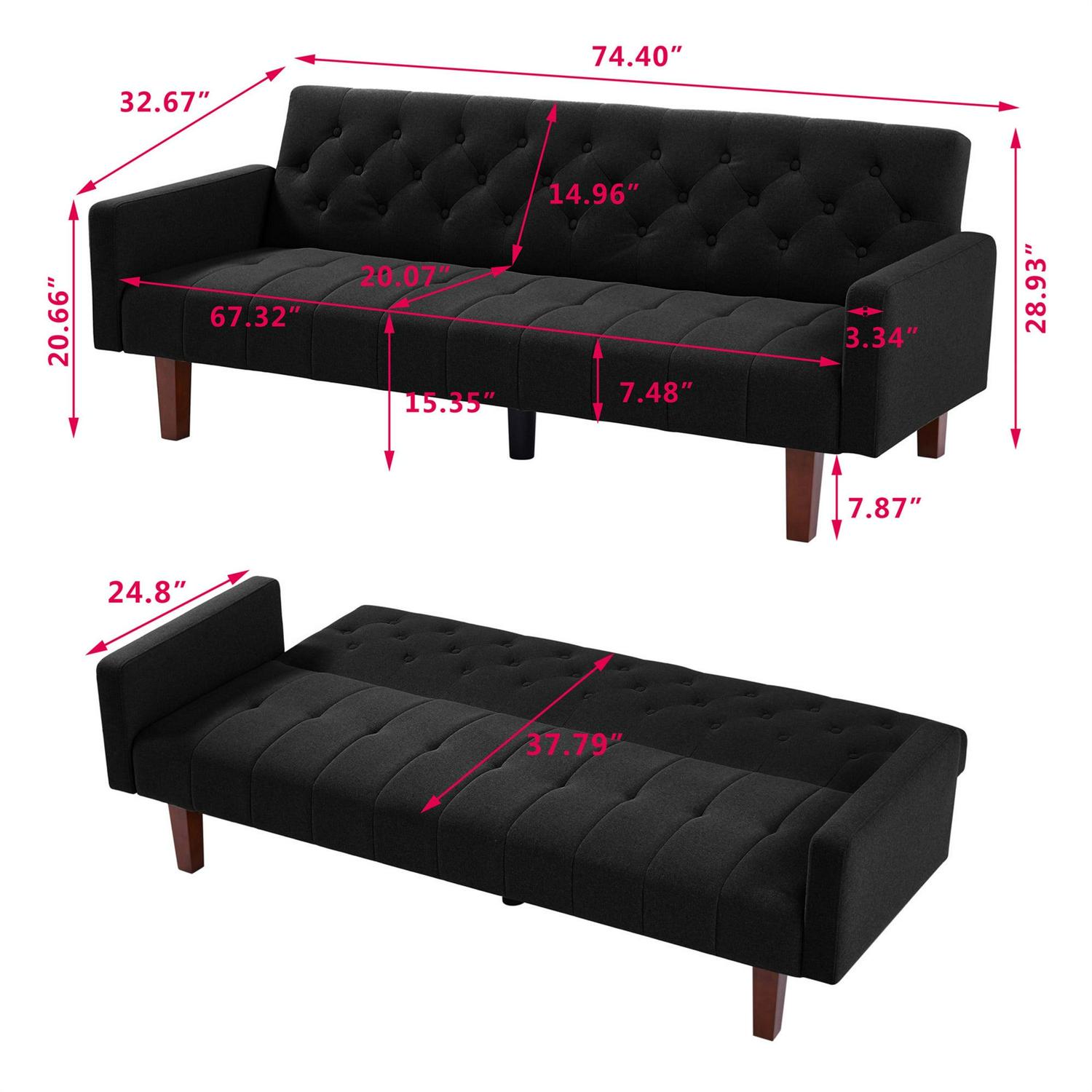 Aukfa 75" Tufted Futon Convertible Sofa Bed, Upholstered Arm Couch for Home Office, Black - Image 5