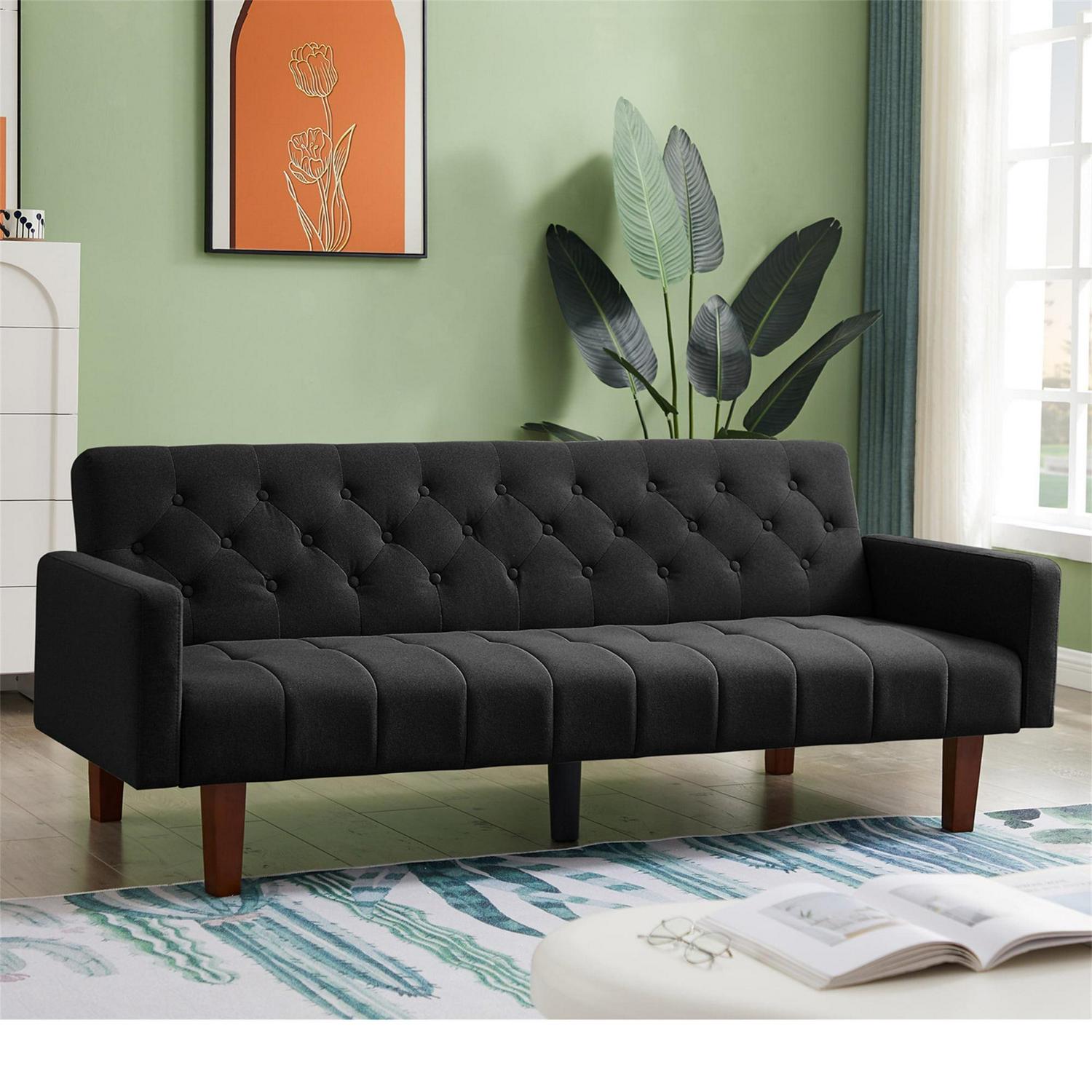 Aukfa 75" Tufted Futon Convertible Sofa Bed, Upholstered Arm Couch for Home Office, Black