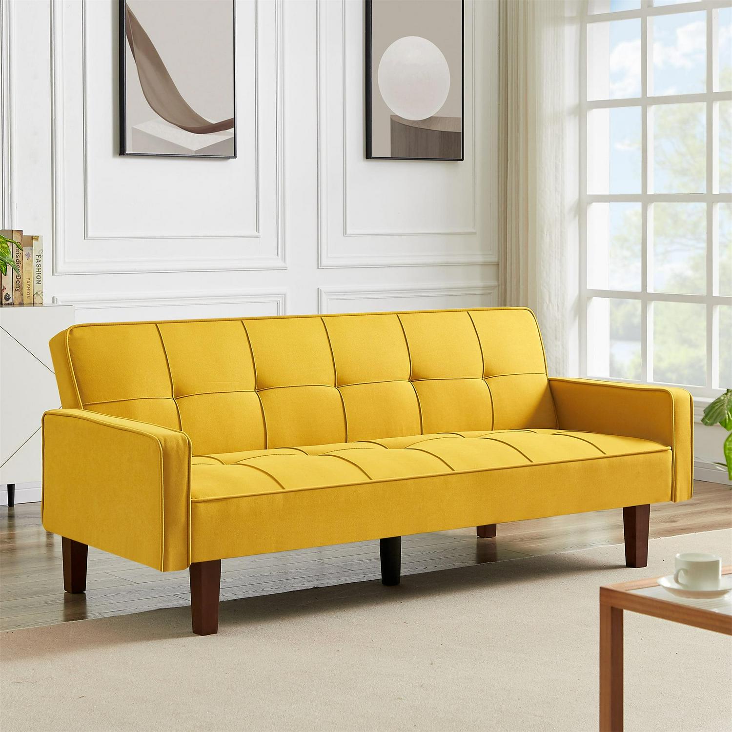 Aukfa 75" Upholstered Futon Convertible Sofa Bed, Solid Wood Legs, Tufted Back, Yellow