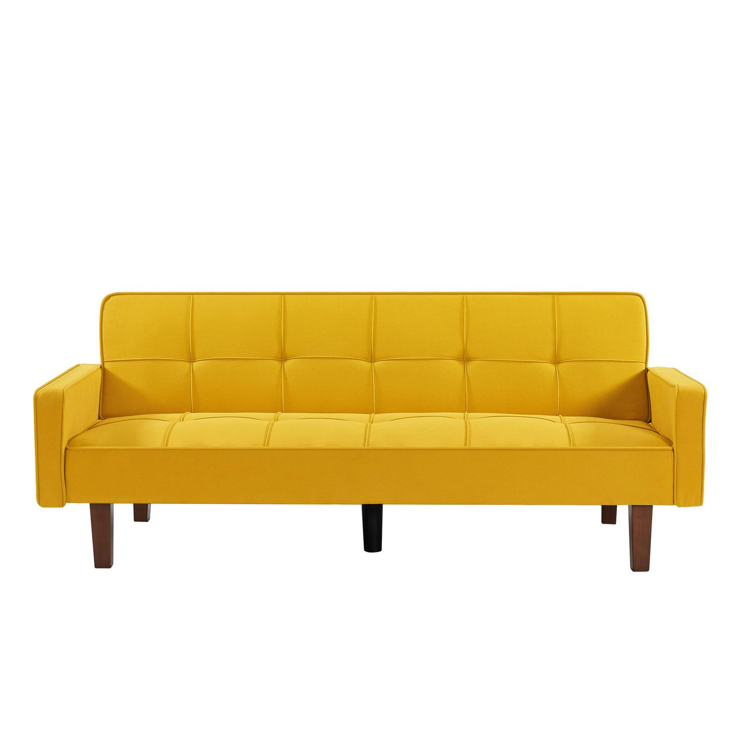 Aukfa 75" Upholstered Futon Convertible Sofa Bed, Solid Wood Legs, Tufted Back, Yellow - Image 2