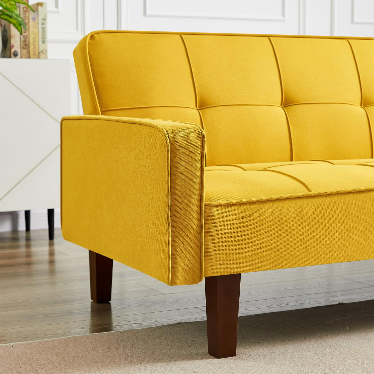 Aukfa 75" Upholstered Futon Convertible Sofa Bed, Solid Wood Legs, Tufted Back, Yellow - Image 7