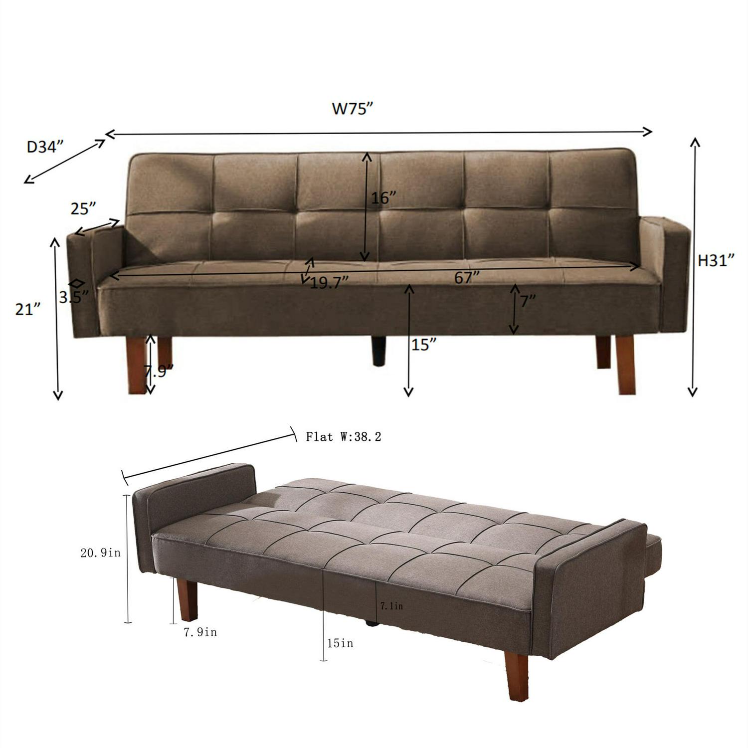 Aukfa 75" Upholstered Futon Convertible Sofa Bed, Solid Wood Legs, Tufted Back, Yellow - Image 4